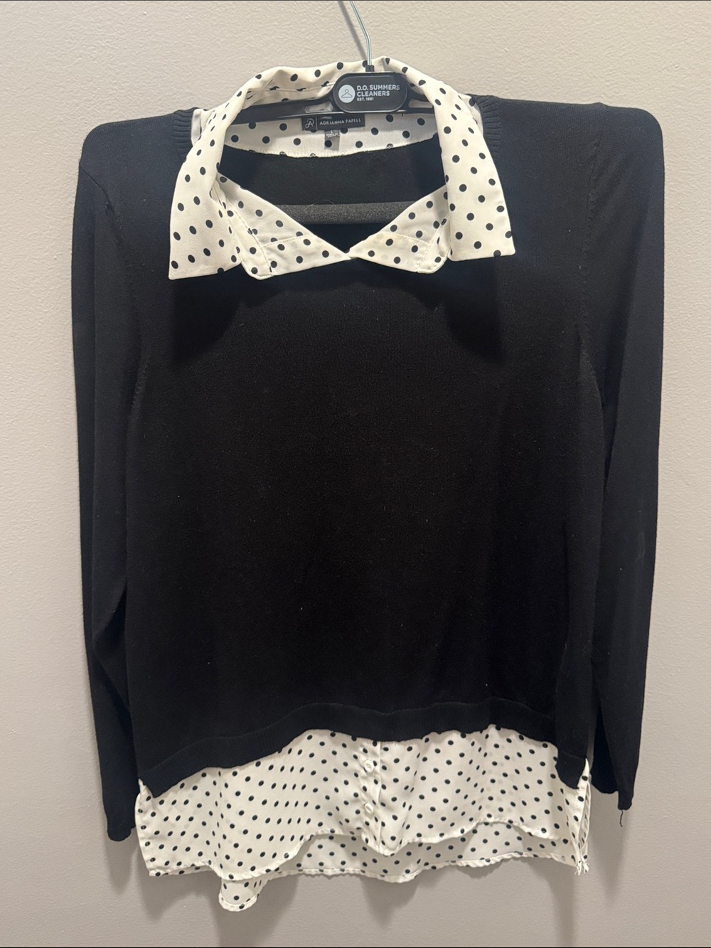 Adrianna Papell Black Sweater with White Polka Dot Trim